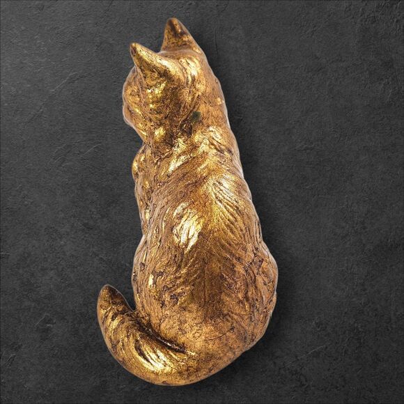 Vintage Red Mill Gold Resin Cat Figurine 5¼″ Green Sequin Eyes Handcrafted USA - Picture 4 of 9